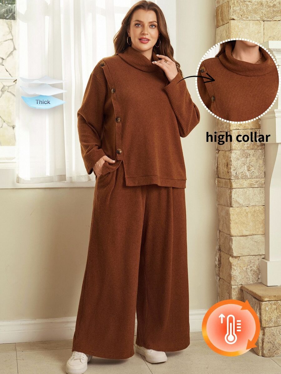EMERY ROSE Women's Plus Size Vintage Button Decor Autumn/Winter Set Autumn Clothes For Women Winter Clothes Women Fall/Winter Sets Fall Winter 2026 - Redwood - View 1