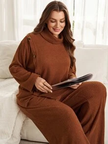 EMERY ROSE Women's Plus Size Vintage Button Decor Autumn/Winter Set Autumn Clothes For Women Winter Clothes Women Fall/Winter Sets Fall Winter 2026 - Redwood - View 7
