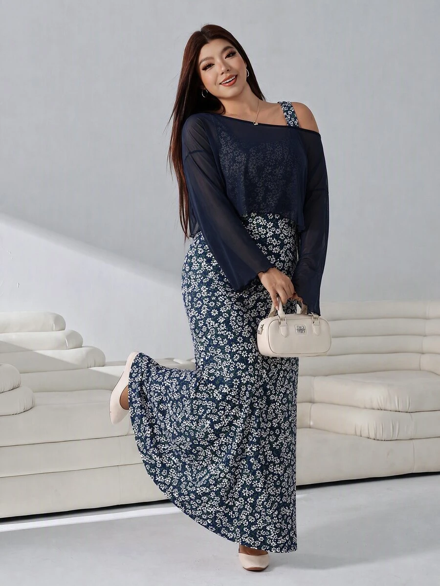 Solflare Casual Women Plus Size Floral Print Dress With Asymmetric Neck Top Set Fall - Navy Blue - View 1