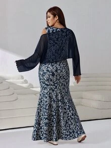 Solflare Casual Women Plus Size Floral Print Dress With Asymmetric Neck Top Set Fall - Navy Blue - View 2