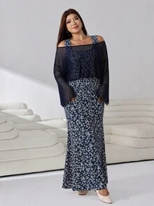 Solflare Casual Women Plus Size Floral Print Dress With Asymmetric Neck Top Set Fall - Navy Blue - View 4