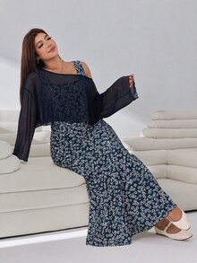 Solflare Casual Women Plus Size Floral Print Dress With Asymmetric Neck Top Set Fall - Navy Blue - View 7