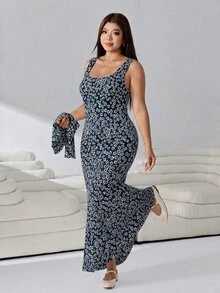 Solflare Casual Women Plus Size Floral Print Dress With Asymmetric Neck Top Set Fall - Navy Blue - View 3