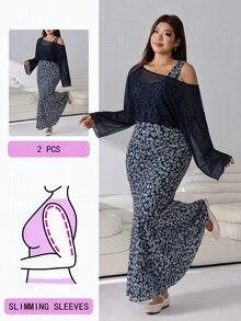 Solflare Casual Women Plus Size Floral Print Dress With Asymmetric Neck Top Set Fall - Navy Blue - View 6