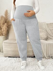 Plussiva Fall/Winter Plus Size Maternity Solid Color Adjustable Waist Casual Loose Fit Daily Long Pants Going Out Pregnancy Grey Fall - Grey - View 6