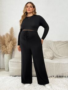 Plussiva Plus Size Maternity Solid Color Long Sleeve T-Shirt And Adjustable Waist Wide Leg Pants Casual 2 Pieces Set - Black - View 7