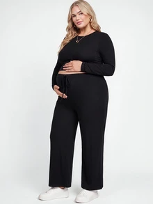 Plussiva Plus Size Maternity Solid Color Long Sleeve T-Shirt And Adjustable Waist Wide Leg Pants Casual 2 Pieces Set - Black - View 2