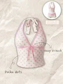 Elavelle Women's Summer Elegant Polka Dot Bikini Top(No Bottom) Beach Party Vacation White And Pink - Multicolor - View 1