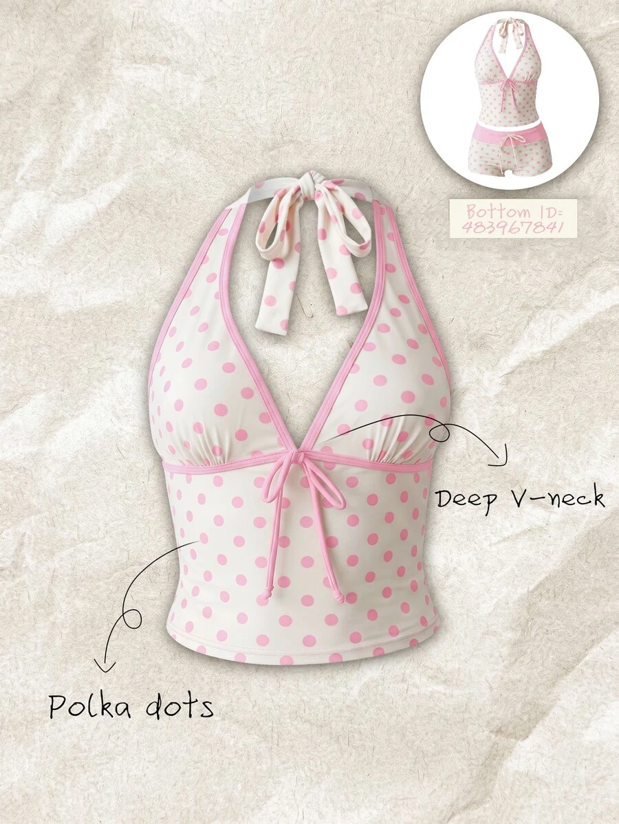 Elavelle Women's Summer Elegant Polka Dot Bikini Top(No Bottom) Beach Party Vacation White And Pink - Multicolor - View 1