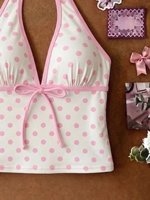 Elavelle Women's Summer Elegant Polka Dot Bikini Top(No Bottom) Beach Party Vacation White And Pink - Multicolor - View 5