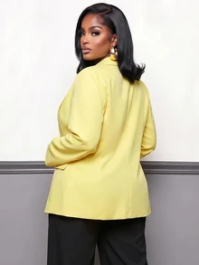 Slaydiva Double-Breasted Long Sleeve Blazer, Loose Professional Office Suit Jacket, Slim Fit Lapel, Spring Textured, Modern Business Plus Size Blazer - Yellow - View 4
