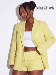 Slaydiva Double-Breasted Long Sleeve Blazer, Loose Professional Office Suit Jacket, Slim Fit Lapel, Spring Textured, Modern Business Plus Size Blazer - Yellow - View 8
