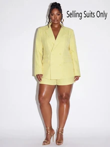 Slaydiva Double-Breasted Long Sleeve Blazer, Loose Professional Office Suit Jacket, Slim Fit Lapel, Spring Textured, Modern Business Plus Size Blazer - Yellow - View 9