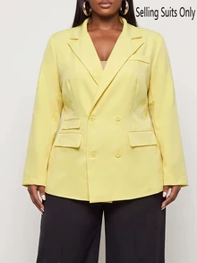 Slaydiva Double-Breasted Long Sleeve Blazer, Loose Professional Office Suit Jacket, Slim Fit Lapel, Spring Textured, Modern Business Plus Size Blazer - Yellow - View 6