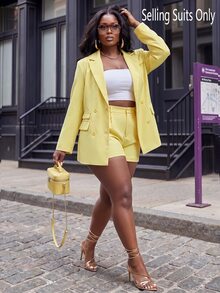 Slaydiva Double-Breasted Long Sleeve Blazer, Loose Professional Office Suit Jacket, Slim Fit Lapel, Spring Textured, Modern Business Plus Size Blazer - Yellow - View 2