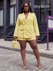 Slaydiva Double-Breasted Long Sleeve Blazer, Loose Professional Office Suit Jacket, Slim Fit Lapel, Spring Textured, Modern Business Plus Size Blazer - Yellow - View 3
