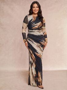 SHEIN Tall CURVE Plus Size Fashion Ruched Waist Long Sleeve Vacation Dress Formal Cocktail Navy Blue Autumn Elegant Traditional Fall - Multicolor - View 5