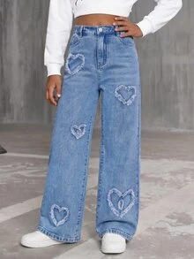 Tween Girls Jeans Tombol Kantong Zip Hati - Light Wash - View 1