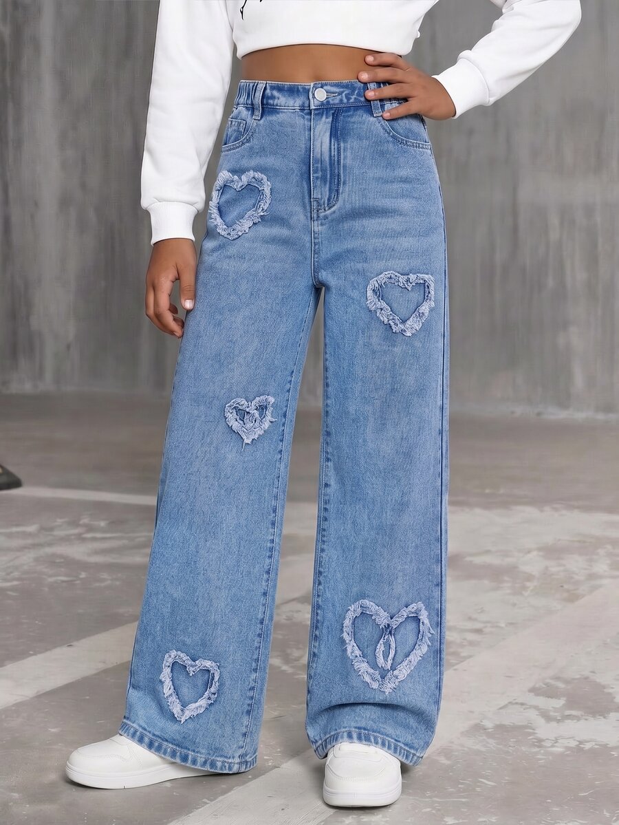 Tween Girls Jeans Tombol Kantong Zip Hati - Light Wash - View 1