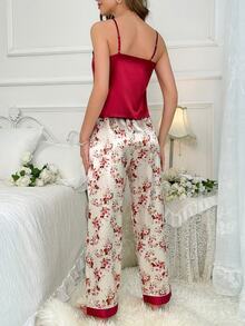 Floral Print Satin Cami Top & Pants PJ Set / Pajama Set - Multicolor - View 2