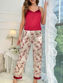 Floral Print Satin Cami Top & Pants PJ Set / Pajama Set - Multicolor - View 4