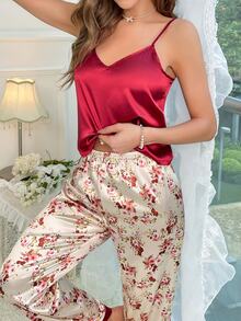 Floral Print Satin Cami Top & Pants PJ Set / Pajama Set - Multicolor - View 6