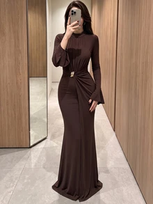 Allurite Elegant Dark Brown Knit High Neck Front Ruched Metal Button Twisted Waist Slim Fit Flared Long Sleeve Dress Fishtail Hem Women's Fall Dinner Party - Brown - View 7