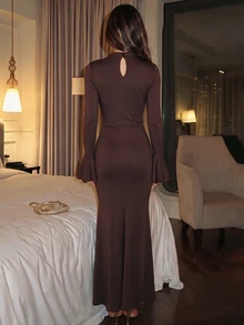 Allurite Elegant Dark Brown Knit High Neck Front Ruched Metal Button Twisted Waist Slim Fit Flared Long Sleeve Dress Fishtail Hem Women's Fall Dinner Party - Brown - View 2
