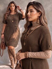 Ceyna Gaun Rajut Cokelat Lengan Pendek Berkerah Tegak Bertekstur untuk Wanita Ukuran Plus, Kasual dan Serbaguna untuk Perjalanan Musim Gugur/Dingin - Coklat - View 7