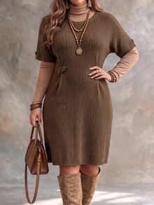 Ceyna Gaun Rajut Cokelat Lengan Pendek Berkerah Tegak Bertekstur untuk Wanita Ukuran Plus, Kasual dan Serbaguna untuk Perjalanan Musim Gugur/Dingin - Coklat - View 3