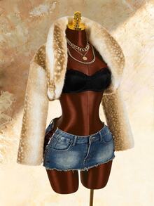 Amplova Women's Animal Print Faux Fur Cropped Jacket - Apricot - View 9