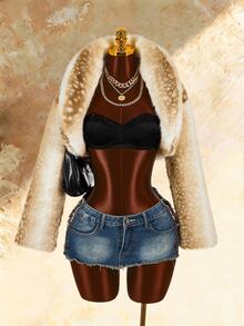 Amplova Women's Animal Print Faux Fur Cropped Jacket - Apricot - View 2