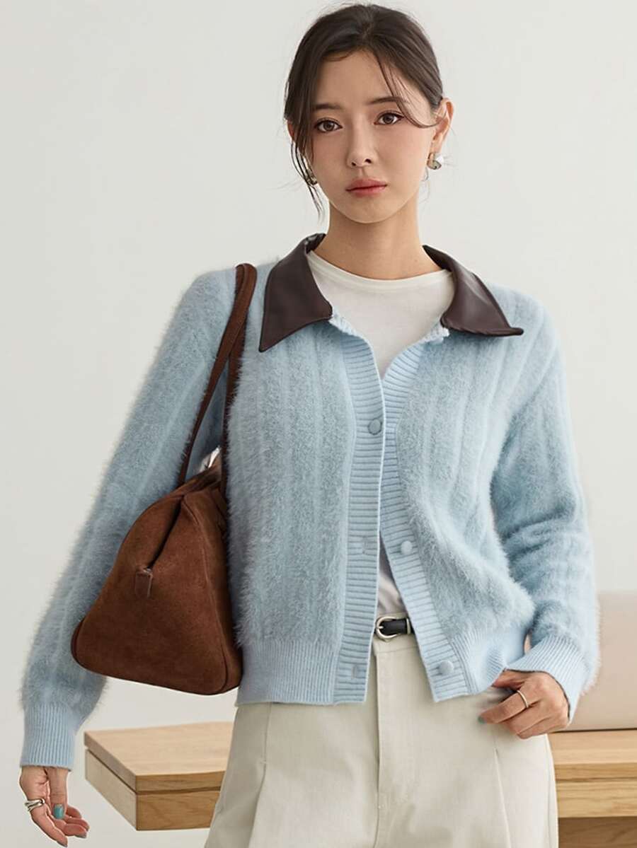 Dazy-Less Women's Blue Round Neck Button Cable Knit Long Sleeve Slim Fit Ribbed Cardigan, Autumn/Winter - Blue - View 1