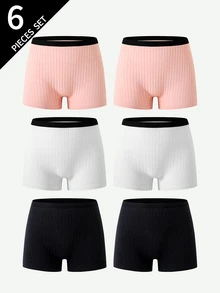 6pcs Teen Girls Minimalist Baggy Solid Color Pure Cotton Summer Simple Shorts Ribbed Knit Shorts Autumn Fall White Pink - Multicolor - View 5