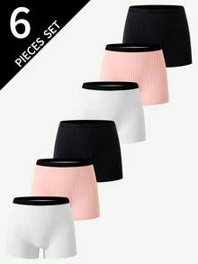 6pcs Teen Girls Minimalist Baggy Solid Color Pure Cotton Summer Simple Shorts Ribbed Knit Shorts Autumn Fall White Pink - Multicolor - View 1