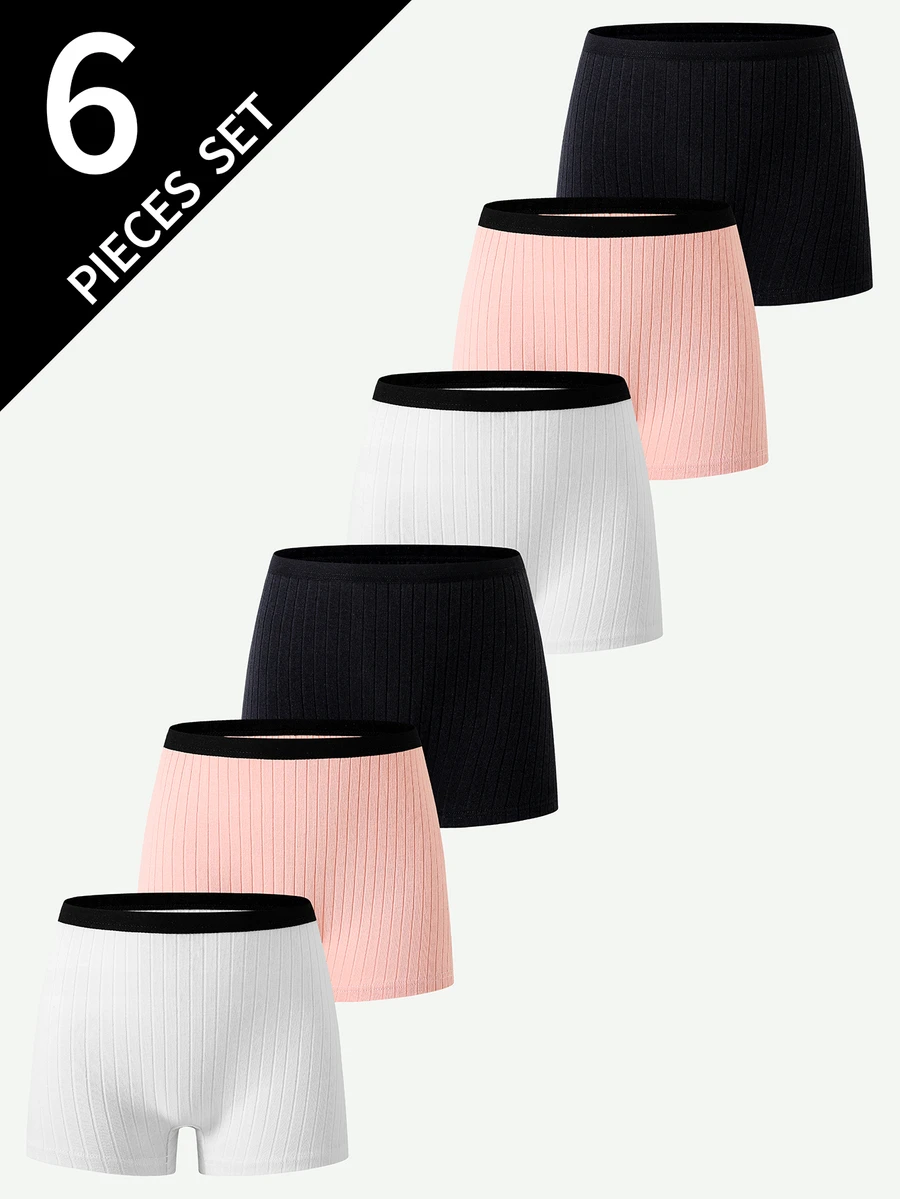 6pcs Teen Girls Minimalist Baggy Solid Color Pure Cotton Summer Simple Shorts Ribbed Knit Shorts Autumn Fall White Pink - Multicolor - View 1