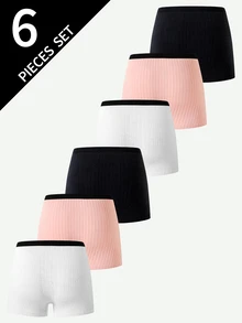6pcs Teen Girls Minimalist Baggy Solid Color Pure Cotton Summer Simple Shorts Ribbed Knit Shorts Autumn Fall White Pink - Multicolor - View 2