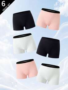 6pcs Teen Girls Minimalist Baggy Solid Color Pure Cotton Summer Simple Shorts Ribbed Knit Shorts Autumn Fall White Pink - Multicolor - View 3