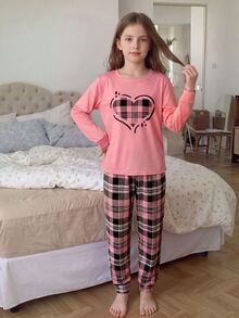 1套聖誕快樂青少年女孩可愛淡粉色秋冬家庭套裝睡衣，長袖愛心與格紋印花上衣配長褲，柔軟貼身 - 粉色 - 查看 4