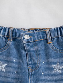 SHEIN Genkimix Kids 1件女童休閒風星星水鑽裝飾磨損水洗質感斜腰頭鈕扣門襟直筒長褲，口袋設計，寬鬆版型，適合返校、出遊、聚會、日常穿著，春秋季兒童長褲 - 藍色 - 查看 7