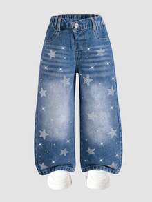 SHEIN Genkimix Kids 1件女童休閒風星星水鑽裝飾磨損水洗質感斜腰頭鈕扣門襟直筒長褲，口袋設計，寬鬆版型，適合返校、出遊、聚會、日常穿著，春秋季兒童長褲 - 藍色 - 查看 4