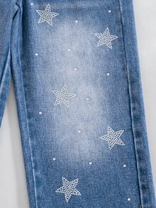 SHEIN Genkimix Kids 1件女童休閒風星星水鑽裝飾磨損水洗質感斜腰頭鈕扣門襟直筒長褲，口袋設計，寬鬆版型，適合返校、出遊、聚會、日常穿著，春秋季兒童長褲 - 藍色 - 查看 5