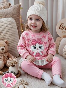Baby Girls 2 Pieces Set Sweet Cute Bow Cat Faux Embroidery Print Long Sleeve Thermal Lined Crew Neck Ruffle Hem Sweatshirt And Leggings Soft Fabric Suitable For Outings Autumn/Winter - Multicolor - View 5