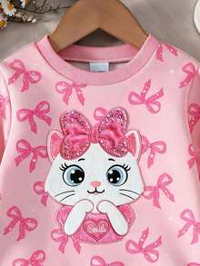 Baby Girls 2 Pieces Set Sweet Cute Bow Cat Faux Embroidery Print Long Sleeve Thermal Lined Crew Neck Ruffle Hem Sweatshirt And Leggings Soft Fabric Suitable For Outings Autumn/Winter - Multicolor - View 4