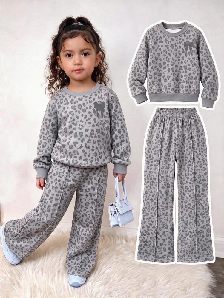Setelan Anak Perempuan Kasual Modis Motif Leopard dengan Pita dan Efek Bordir Imitasi, Atasan Lengan Panjang Kerah Bulat dan Celana Panjang Lebar Motif Leopard, Bahan Lembut, Cocok untuk Beraktivitas di Musim Gugur/Musim Dingin - MultiWarna - View 3