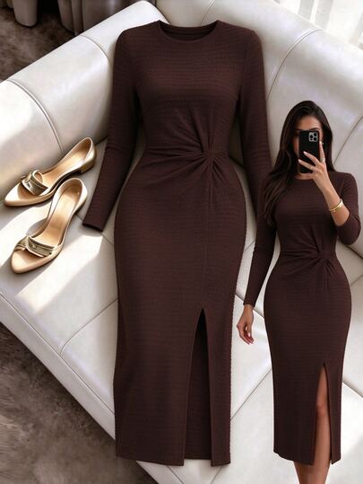 SHEIN Elegant Waist Knot High Slit Long Sleeve Midi Dress, Dark Brown Textured Slim Fit Women's Wedding Guest Birthday Outfit Office Wear