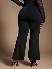 Radiana Plus Size Women's New Black High-Waisted Lace Patchwork Slim Fit Pants, Autumn/Winter - Black - View 2