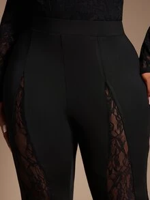 Radiana Plus Size Women's New Black High-Waisted Lace Patchwork Slim Fit Pants, Autumn/Winter - Black - View 5