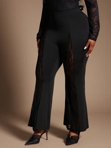 Radiana Plus Size Women's New Black High-Waisted Lace Patchwork Slim Fit Pants, Autumn/Winter - Black - View 4