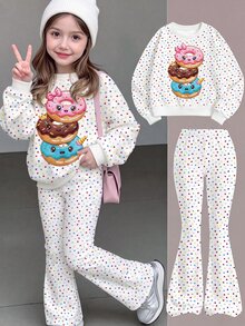 Toddler Girls Cartoon Donut Sweatshirt & Colorful Polka Dot Flared Pants Set, White (2 Pcs) Fall Winter - Multicolor - View 5